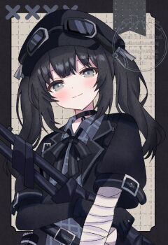 1girl bandaged_arm bandages black_border black_choker black_gloves black_hair black_hat black_ribbon border choker closed_mouth commentary_request commission gloves goggles goggles_on_headwear grey_eyes hat highres kurobe_nanoka long_hair looking_at_viewer mahou_shoujo_no_majo_saiban neck_ribbon ribbon short_sleeves skeb_commission smile solo twintails upper_body yua_666666