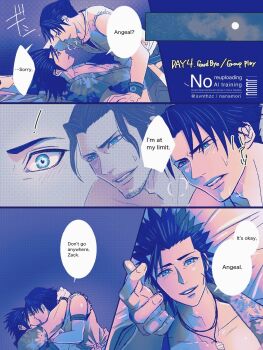 2boys angeal_hewley angeal_hewley_(resort_style) arm_around_neck armlet artist_name beard black_hair blue_eyes blush bracelet chinstrap_beard closed_eyes commentary crisis_core:_final_fantasy_vii english_commentary english_text facial_hair final_fantasy final_fantasy_vii final_fantasy_vii:_ever_crisis full_moon furrowed_brow grey_vest hair_slicked_back hawaiian_shirt heavy_breathing highres jewelry kiss looking_at_another male_focus medium_hair moon multiple_boys nanamori_(svnthzc) necklace official_alternate_costume open_clothes open_shirt outstretched_hand parted_bangs parted_lips pectorals shell shell_necklace shirt short_hair sideburns smile sweat twitter_username vest wide-eyed yaoi zack_fair zack_fair_(surfer_look)