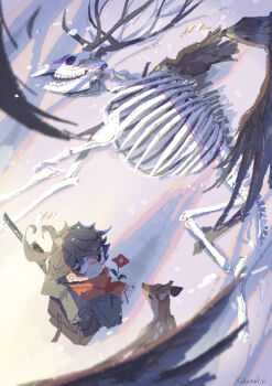 Rule 34 | 1girl, absurdres, animal skeleton, antenna hair, antlers, backpack, bag, bedroll, bird, black hair, blurry, blurry foreground, blush, bone, deer, flower, from above, gun, hawk, highres, holding, holding flower, horns, kokamakiri, looking up, nose blush, original, outdoors, red flower, red scarf, rifle, scarf, shadow, short hair, signature, snow, solo, weapon