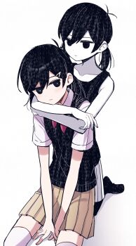 Rule 34 | 2girls, antenna hair, arms between legs, bare arms, bare shoulders, black eyes, black hair, black socks, black sweater vest, black tank top, bright pupils, brown skirt, closed mouth, collarbone, colored skin, commentary request, double-parted bangs, dual persona, empty eyes, expressionless, eye contact, fingernails, front-to-back, full body, genderswap, genderswap (mtf), hair between eyes, hair ornament, hatching (texture), highres, hug, hug from behind, jitome, kneeling, knees out of frame, looking at another, low twintails, medium hair, miniskirt, multiple girls, neckerchief, no pupils, no shoes, omori, omori (omori), pleated skirt, red neckerchief, shirt, short sleeves, shorts, simple background, sitting, skirt, socks, striped clothes, striped shorts, sunny (omori), sweater vest, tank top, thighhighs, twintails, v arms, vertical-striped clothes, vertical-striped shorts, white background, white pupils, white shirt, white shorts, white skin, white thighhighs, yutsu, zettai ryouiki