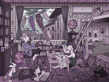 1girl 2boys absurdly_detailed_composition air_conditioner animal armor bag bandaid bandaid_on_cheek bandaid_on_face bed book bookshelf bunk_bed butterfly_hair_ornament cat cd chair charging_device child controller dog eating eraser game_controller gloves hair_ornament head_rest headphones helmet holding holding_toy japanese_armor kabuto_(helmet) kagei_eru koinobori limited_palette loaded_interior lying maneki-neko multiple_boys on_chair on_floor on_stomach one_eye_closed original pillow pink_bag pliers short_twintails sitting toy toy_car toy_robot trash_can twintails unworn_bag unworn_headwear unworn_helmet window windsock wooden_floor