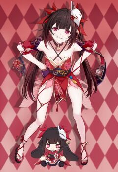 1girl black_sandals breasts character_doll checkered_background cleavage collarbone detached_sleeves doll fox_mask hair_between_eyes hair_ornament hands_on_own_hips highres honkai:_star_rail honkai_(series) japanese_clothes kimono leaning_forward long_hair mask mask_on_head medium_breasts mole mole_under_each_eye mole_under_eye multiple_moles o-ring o-ring_thigh_strap pink_eyes red_kimono saint_laurent_paris sandals sleeveless sleeveless_kimono sparkle_(honkai:_star_rail) teeth thigh_strap twintails very_long_hair