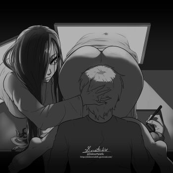 1boy 1girl all_fours artist_name ass between_buttocks black_hair breasts dark_background doktor_malefic drawing_tablet face_in_ass greyscale gumroad_username hair_over_one_eye highres holding holding_stylus indoors large_breasts long_hair looking_at_another monitor monochrome on_table original portal_(object) portal_sex signature sitting stylus table thighs through_medium through_screen watermark web_address wormhole yamamura_sadako