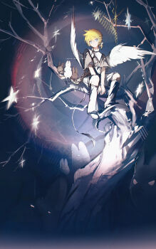 1boy bare_tree black_shorts black_socks blonde_hair blue_eyes closed_mouth double-parted_bangs feathered_wings full_body grey_shirt hair_between_eyes highres kagamine_len kneehighs male_focus rabbit shirt shoes short_hair short_sleeves shorts sitting smile socks solo tree vocaloid white_shoes white_wings wings zeriko