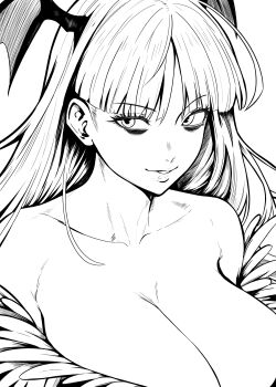1girl absurdres bags_under_eyes bare_shoulders breasts cleavage collarbone commentary darkstalkers english_commentary head_wings highres huge_breasts lughost monochrome morrigan_aensland parted_lips smile solo upper_body wings