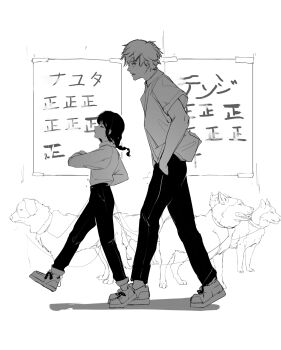 1boy 1girl braid braided_ponytail chainsaw_man denji_(chainsaw_man) dog greyscale hands_in_pockets highres holding holding_leash kuno_(runkunochan) leash long_hair monochrome nayuta_(chainsaw_man) pants shirt short_hair sweater sweater_tucked_in translation_request walking