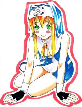 Rule 34 | 1boy, ankle boots, arm support, bare arms, bare shoulders, black gloves, blonde hair, blue boots, blue veil, blue vest, blush, boots, bridget (guilty gear), closed mouth, fingerless gloves, full body, gloves, green eyes, guilty gear, guilty gear xx, guimpe, hair between eyes, hands on floor, invisible floor, leaning forward, legs together, long sidelocks, looking at viewer, male focus, mars symbol, neck ribbon, nun, on floor, outline, red outline, ribbon, sanpaku, shirt, short hair, short hair with long locks, sidelocks, simple background, sitting, sleeveless, sleeveless shirt, smile, solo, telepathist hachirou, trap, veil, vest, white background, white shirt, white trim, white wrist cuffs, wrist cuffs, yellow ribbon, yokozuwari