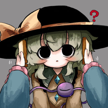 2girls :o ? black_eyes black_hat blush bow bread bread_slice buttons commentary_request diamond_button food frilled_shirt_collar frilled_sleeves frills green_hair grey_background hat hat_bow heripantomorrow idiot_sandwich_(meme) komeiji_koishi komeiji_satori looking_at_viewer meme multiple_girls parted_lips pov pov_hands shirt simple_background third_eye touhou upper_body yellow_bow yellow_shirt