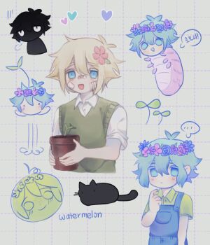 Rule 34 | 3boys, antenna hair, basil (faraway) (omori), basil (headspace) (omori), basil (omori), black hair, black skin, blue overalls, blush, cat, caterpillar, closed mouth, collared shirt, colored skin, commentary request, double-parted bangs, dual persona, english text, flower, flower pot, flower wreath, food, fruit, green eyes, green hair, green shirt, green sweater vest, hair between eyes, hair flower, hair ornament, head wreath, highres, holding, holding flower pot, korean commentary, korean text, looking at viewer, male focus, mixed-language text, multiple boys, omo taru, omori, open mouth, overalls, plant, potted plant, shirt, short sleeves, smile, sprout mole, stranger (omori), sweater vest, translation request, watermelon, white eyes, white shirt, white skin