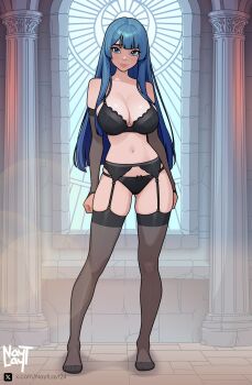 1girl bare_shoulders black_bra black_garter_belt black_panties black_thighhighs blue_eyes blue_hair bra breasts bridal_gauntlets caroline_(nayt_layt) closed_mouth commentary english_commentary feet full_body garter_belt gluteal_fold highres indoors large_breasts lingerie long_hair looking_at_viewer mole mole_under_eye navel nayt_layt no_shoes original panties pillar smile solo standing thighhighs toes twitter_username twitter_x_logo underwear very_long_hair watermark web_address window