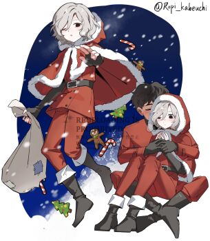 2boys bags_under_eyes belt between_legs black_eyes black_hair blue_eyes blush boots candy candy_cane christmas cloak curly_hair dark-skinned_male dark_skin dungeon_meshi elf fingerless_gloves food full_body fur-trimmed_cloak fur_trim gingerbread_man gloves grey_hair highres holding holding_sack hug hug_from_behind jacket kabru lazy_eye male_focus mithrun multiple_boys multiple_views night notched_ear one_eye_closed pants pointy_ears red_jacket red_pants sack santa_costume shirosaki20725 short_hair sitting sky snowing uneven_eyes yaoi