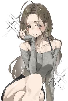 1girl aged_up ahoge bare_legs blush brown_hair collarbone commentary_request crossed_legs feet_out_of_frame forehead grey_shirt highres huge_ahoge idolmaster idolmaster_shiny_colors kuwayama_chiyuki long_hair looking_at_viewer off-shoulder_shirt off_shoulder shirt sitting smile solo straight_hair very_long_hair yamada_no_orochi