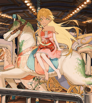 1girl bare_shoulders barefoot blonde_hair carousel collarbone commentary_request dress floating_hair full_body grin helmet highres holding holding_unworn_helmet long_hair looking_at_viewer monogatari_(series) oshino_shinobu pink_dress red_helmet sleeveless sleeveless_dress slit_pupils smile solo strap_slip tukinuke_10 unworn_headwear unworn_helmet very_long_hair yellow_eyes