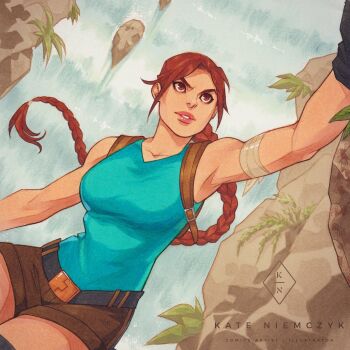 1girl artist_name belt black_belt black_gloves blue_tank_top braid braided_ponytail breasts brown_shorts commentary gloves highres kasia_nie lara_croft large_breasts long_hair parted_lips pink_lips short_shorts shorts single_braid solo tank_top tomb_raider toned toned_female v-shaped_eyebrows very_long_hair water waterfall watermark