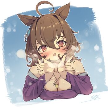 Rule 34 | 1girl, agnes tachyon (casual) (umamusume), agnes tachyon (umamusume), ahoge, animal ears, bare shoulders, blush, bra strap, breasts, breath, brown hair, chemical structure, cleavage, commentary request, cropped shoulders, earrings, hair between eyes, highres, horse ears, horse girl, huge ahoge, jewelry, large breasts, long sleeves, looking at viewer, medium hair, necklace, off-shoulder shirt, off-shoulder sweater, off shoulder, open mouth, purple shirt, purple sweater, red eyes, shirt, single earring, smile, solo, sweater, umamusume, woruta (soloistlist)