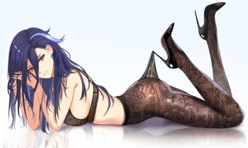 1girl ass bare_shoulders black_bra black_shoes blue_background blue_hair bra clorinde_(genshin_impact) commentary earrings genshin_impact high_heels highres jewelry kyes long_hair looking_at_viewer lying messy_hair no_headwear on_stomach pantyhose purple_eyes reflection shoes smile solo thighs underwear