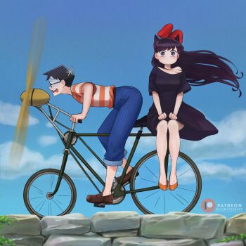 1boy 1girl absurdres artist_name bicycle black_dress black_hair blue_sky bow commentary cosplay day denim dismaiden dress english_commentary glasses hair_bow highres jeans kiki_(majo_no_takkyuubin) kiki_(majo_no_takkyuubin)_(cosplay) komi-san_wa_komyushou_desu komi_shouko long_hair majo_no_takkyuubin orange_shirt outdoors pants patreon_logo patreon_username propeller riding riding_bicycle shirt short_hair sky striped_clothes striped_shirt tadano_hitohito tombo_(majo_no_takkyuubin) tombo_(majo_no_takkyuubin)_(cosplay) two-tone_shirt white_shirt