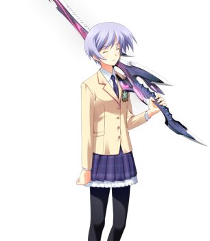 1girl black_pantyhose blazer blue_hair bow bowtie brown_jacket chaos;head closed_eyes collared_shirt d-sword dress_shirt facing_viewer game_cg holding holding_sword holding_weapon jacket kishimoto_ayase lapels matsuo_yukihiro miniskirt necktie notched_lapels official_art over_shoulder pantyhose petticoat plaid_clothes plaid_necktie plaid_skirt pleated_skirt purple_bow purple_bowtie purple_skirt school_emblem school_uniform science_adventure shirt skirt smile solo sprite suimei_academy_school_uniform sword sword_over_shoulder transparent_background weapon weapon_over_shoulder white_shirt