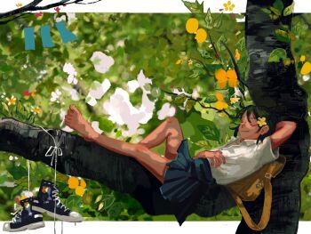 1girl arm_behind_head barefoot black_skirt blurry blurry_background border closed_eyes closed_mouth commentary day english_commentary flower from_side full_body green_hair hair_flower hair_ornament hand_on_own_stomach highres in_tree lan_(ngtblan) lying on_back original outside_border shirt shoes short_hair short_sleeves skirt smirk solo sunlight tree unworn_shoes white_border white_shirt yellow_bag