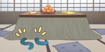 1girl blue_archive commentary_request food fruit highres kikyou_(blue_archive) kotatsu mandarin_orange multiple_tails pizza_(pizzania_company) table tail tatami two_tails under_kotatsu under_table