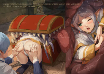 1boy 1girl ass black_pantyhose blue_hair capelet clothes_pull commentary elf english_text frieren frieren_stuck_in_a_mimic_(meme) grabbing_another's_ass green_eyes grey_hair groping hetero highres himmel_(sousou_no_frieren) light_blue_hair long_hair meme mimic mimic_chest one_eye_closed panties pantyhose pantyhose_pull parted_bangs partially_visible_vulva pervert pointy_ears rape saliva sousou_no_frieren spread_pussy spread_pussy_under_clothes spykeee stuck symbol-only_commentary treasure_chest twintails underwear vore white_capelet white_panties