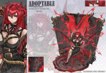 1girl 2020 :3 adoptable allosauc apple artist_name asymmetrical_dress bare_shoulders belt belt_buckle black_belt black_dress black_eyeshadow black_hair black_shawl black_sleeves breasts buckle reference_sheet cleavage close-up closed_mouth collarbone commentary cowboy_shot crossed_legs deviantart_username dragon dragon_horn dragon_tail dress english_commentary english_text eyelashes eyeshadow fire food fruit full-length_mirror full_body fur_shawl gradient_background grey_background hair_between_eyes high_heels highres holding holding_food holding_fruit holding_sword holding_weapon horns large_breasts light_blush long_hair long_sleeves low_neckline makeup mirror multicolored_hair multiple_views original over_shoulder polka_dot polka_dot_background projected_inset red_eyes red_footwear red_hair red_horns seven_deadly_sins shawl sidelocks simple_background sitting smile streaked_hair sword tail thigh_belt thigh_strap triangle_background weapon weapon_over_shoulder