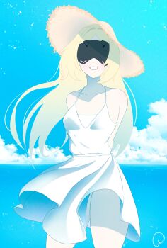 Rule 34 | 1girl, absurdres, arms behind back, arutemisu180, beach, blindfold mask, blonde hair, blue sky, breasts, cloud, commentary, day, dress, english commentary, hat, highres, horizon, long hair, mask, ocean, open mouth, outdoors, panties, sky, sleeveless, sleeveless dress, smile, solo, straw hat, sundress, teeth, trigger (zenless zone zero), underwear, water, white dress, white panties, zenless zone zero