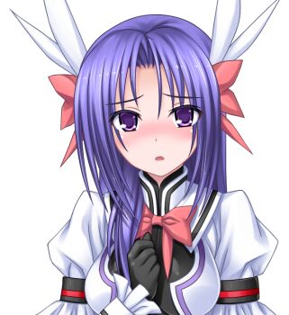 1girl black_gloves blush bow breasts game_cg gloves hair_bow hair_ornament hair_ribbon higuchi_isami large_variant_set long_hair looking_at_viewer magical_girl mahou_shoujo_sae medium_breasts murakami_shizuru non-web_source official_art open_mouth purple_eyes purple_hair ribbon solo transparent_background upper_body variant_set