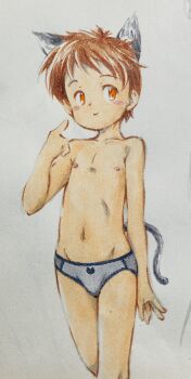 1boy animal_ears blush brown_hair kamisae male_focus nipples original photo_(medium) pointing pointing_at_self shota solo tail traditional_media underwear