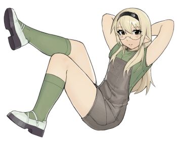 Rule 34 | 1girl, arms behind head, arms up, black-framed eyewear, black hairband, blonde hair, full body, glasses, green shirt, green socks, hairband, hira (yirtios), kneehighs, legs up, long hair, original, overall shorts, overalls, pointy ears, semi-rimless eyewear, shirt, shoes, short sleeves, smile, socks, solo, white shoes, yirtios