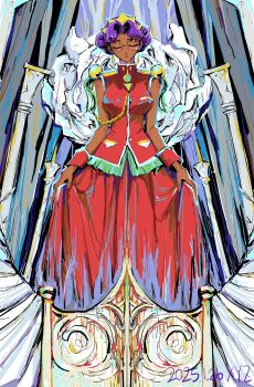 1girl bare_shoulders bindi breasts closed_eyes clothes_lift dark-skinned_female dark_skin dated glasses highres himemiya_anthy long_skirt medium_breasts parted_bangs purple_hair red_skirt red_vest red_wrist_cuffs short_hair shoujo_kakumei_utena sketch skirt skirt_lift solo tassel tiara vest wavy_hair windychariot wrist_cuffs