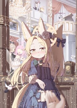 6+girls absurdres alternate_costume animal_ears black_bow black_dress blonde_hair blue_archive blue_bow blush bow closed_mouth commentary_request dress flower fox_ears fox_girl fox_tail frilled_dress frills hair_bow hair_flower hair_ornament halo highres hina_(blue_archive) ibuki_(blue_archive) indoors kyouwashi long_hair long_sleeves looking_at_viewer makoto_(blue_archive) mika_(blue_archive) multiple_girls nagisa_(blue_archive) pov seia_(blue_archive) solo_focus standing tail very_long_hair white_flower yellow_eyes yellow_halo
