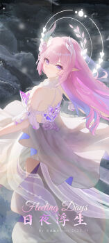 1girl bare_shoulders chinese_commentary closed_mouth commentary commentary_request cyrene_(honkai:_star_rail) cyrene_(ripples_of_past_reverie)_(honkai:_star_rail) dated dress english_commentary english_text from_side hair_between_eyes highres honkai:_star_rail honkai_(series) long_hair looking_at_viewer looking_to_the_side mixed-language_commentary outdoors paid_reward_available pink_hair purple_eyes reflection smile snowflakes snowing solo very_long_hair water watermark wboss web_address white_dress