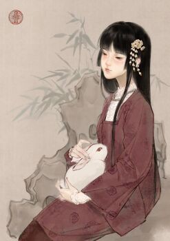 1girl absurdres animal animal_on_lap black_eyes chinese_clothes chinese_commentary closed_mouth commentary faux_traditional_media flower grey_background hair_flower hair_ornament highres houraisan_kaguya inaba_mob_(touhou) jewelry long_hair long_sleeves necklace on_lap pearl_necklace petting rabbit red_shirt seal_impression shirt sitting solo touhou very_long_hair zelo_(kmtf3322) zhongguo_hua