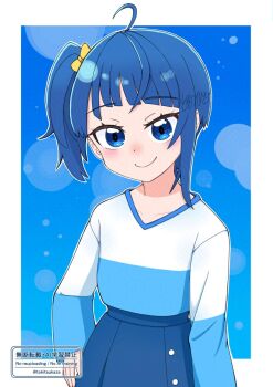 1girl ahoge arm_at_side asymmetrical_bangs blue_background blue_eyes blue_hair blue_shirt blue_skirt blush border bow button_up_skirt closed_mouth collarbone commentary cut_bangs diagonal_bangs dot_nose hair_bow hair_ornament hand_on_own_hip highres hirogaru_sky!_precure lips long_hair long_sleeves looking_at_viewer multicolored_shirt outline outside_border pleated_skirt ponytail precure shirt side_ponytail signature single_sidelock skirt smile solo sora_harewataru standing tokitsukaza twitter_username two-tone_shirt upper_body v-neck white_border white_shirt yellow_bow