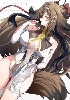 1girl absurdres animal_ear_fluff animal_ears armlet bare_shoulders blush bracelet breasts brown_hair brown_tail caseee999 china_dress chinese_clothes clothes_lift clover clover_hair_ornament commentary covered_navel cowboy_shot dress droopy_ears fan_request gluteal_fold hair_ornament hairband highres jewelry large_breasts long_hair looking_at_viewer metal_bracelet odaibako open_mouth pelvic_curtain pelvic_curtain_lift red_eyes request_inset see-through_clothes silver_armlet silver_bracelet simple_background solo sweat tail very_long_hair white_background white_dress white_hairband ye_shunguang zenless_zone_zero