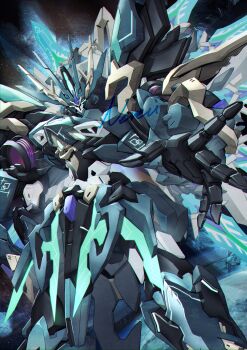 absurdres armor artist_name commentary hand_up head_tilt highres honkai_(series) honkai_impact_3rd in_orbit light_particles light_trail looking_at_viewer machinery mecha mecha_focus mechanical_wings nerevi night night_sky open_hand planet robot sky solo space star_(sky) starjumper_(mecha) starry_sky super_robot watermark wings