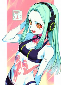 1girl aqua_hair arm_at_side artist_logo bare_arms bare_shoulders black_bra bra breasts choker colored_sclera commentary cyberpunk:_edgerunners cyberpunk_(series) cyborg english_commentary forehead green_eyes hand_up headphones highres joints logo long_hair looking_afar looking_ahead navel neck_tattoo open_mouth rebecca_(cyberpunk) red_sclera robot_joints skaggshood small_breasts solo spiked_choker spikes stomach_tattoo tattoo thong underwear upper_body v-shaped_eyebrows wide_hips