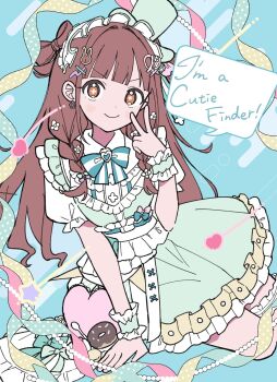 1girl blush bow bow-shaped_hair bowtie braid brown_eyes brown_hair chocolate_donut commentary_request donut dress fanged_bangs food frills green_dress headdress highres idolmaster idolmaster_shiny_colors kanohara long_hair side_braids smile solo sonoda_chiyoko twin_braids v