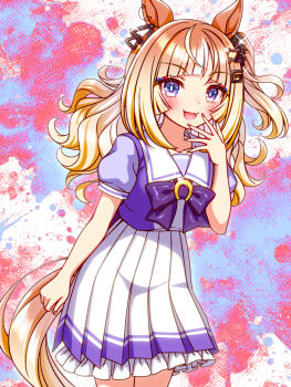 Rule 34 | 1girl, animal ears, blonde hair, blue eyes, blush, bow, bowtie, breasts, brown hair, collarbone, commentary request, espoir city (umamusume), fangs, hair ornament, highres, horse earrings, horse ears, horse girl, horse tail, long hair, looking at viewer, medium breasts, multicolored hair, one side up, open mouth, orange hair, pleated skirt, puffy short sleeves, puffy sleeves, purple bow, purple bowtie, purple shirt, sailor collar, sailor shirt, school uniform, shirt, short sleeves, skin fangs, skirt, smile, solo, sugimotty nova, tail, tracen school uniform, umamusume, white sailor collar, white skirt