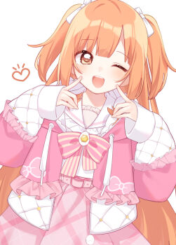 1girl absurdres belt blush bow bowtie cowboy_shot drawstring dutch_angle egg_hair_ornament fingers_to_cheeks food-themed_hair_ornament frilled_jacket frilled_sailor_collar frills futa_8 gem hair_ornament hair_ribbon heart highres hood hooded_jacket jacket kirara_tamako kirara_tamako_(2nd_costume) long_hair long_sleeves looking_at_viewer nijisanji one_eye_closed open_clothes open_jacket open_mouth orange_eyes orange_hair pink_belt pink_bow pink_bowtie pink_jacket pink_skirt plaid_clothes plaid_skirt pleated_skirt puffy_long_sleeves puffy_sleeves ribbon sailor_collar shirt simple_background skirt sleeves_past_wrists smile solo standing striped_bow striped_bowtie striped_clothes two-sided_fabric two-sided_jacket two_side_up virtual_youtuber white_background white_ribbon white_sailor_collar white_shirt yellow_gemstone