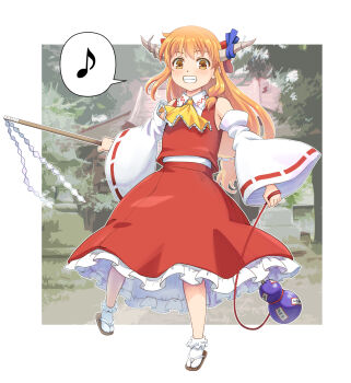 1girl bow brown_eyes commentary_request cosplay detached_sleeves full_body geta gohei gourd grin hair_between_eyes hair_bow hakurei_reimu hakurei_reimu_(cosplay) haniwa_(leaf_garden) highres holding holding_gohei holding_string horn_bow horn_ornament horns ibuki_suika long_hair long_sleeves looking_at_viewer musical_note nontraditional_miko oni_horns orange_hair shide sidelocks skirt smile socks solo spoken_musical_note standing string touhou tree wide_sleeves