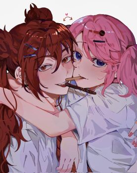 Rule 34 | 2girls, blush, food, food in mouth, from side, hair ornament, hairclip, highres, hug, jinx (league of legends), kid sppinarl, league of legends, long hair, lux (league of legends), multiple girls, pink hair, pocky, pocky in mouth, red hair, shirt, short sleeves, simple background, smile, star guardian (league of legends), star guardian jinx, star guardian lux, twintails, white background, yuri