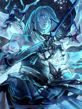 1girl blue_vest braid cryokinesis final_fantasy final_fantasy_xvi frost gloves glowing glowing_eyes grey_hair holding holding_sword holding_weapon ice_shard jill_warrick leather leather_vest long_hair long_skirt looking_at_viewer looking_down parted_lips rapier single_braid single_glove skirt solo sword tholia_bentz very_long_hair vest weapon