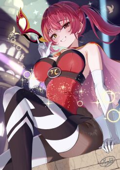 1girl absurdres black_pantyhose blurry blurry_background breasts brick_wall bug butterfly capelet commentary_request domino_mask elbow_gloves eye_mask floating_hair gloves grin heterochromia highleg highleg_leotard highres holding holding_mask hololive houshou_marine how_about_paipai_mask?_(houshou_marine) insect knee_up large_breasts leotard long_hair looking_at_viewer looking_down mask night official_alternate_costume on_wall outdoors pantyhose pi_(math) pink_capelet puripuri red_capelet red_eyes red_hair red_leotard sitting smile solo strapless strapless_leotard teeth thighhighs twintails two-sided_capelet upper_teeth_only virtual_youtuber white_gloves white_thighhighs yellow_eyes