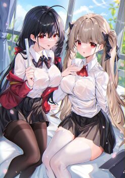 2girls absurdres ahoge alternate_costume azur_lane black_hair black_skirt bow bowtie breasts brown_hair brown_pantyhose button_gap buttons chromatic_aberration closed_mouth collared_shirt dress_shirt feet_out_of_frame formidable_(azur_lane) glasses hair_bow hand_on_own_chest highres holding jacket large_breasts long_hair long_sleeves looking_at_viewer looking_over_eyewear miniskirt multiple_girls neck_ribbon off_shoulder official_alternate_costume open_clothes open_jacket open_mouth pantyhose pleated_skirt red_eyes red_jacket ribbon rimless_eyewear ruler school_uniform see-through_clothes shanguier shirt shirt_tucked_in sitting skirt smile taihou_(azur_lane) taihou_(sweet_time_after_school)_(azur_lane) thighband_pantyhose thighhighs thighs tongue tongue_out twintails very_long_hair white_shirt white_thighhighs zettai_ryouiki