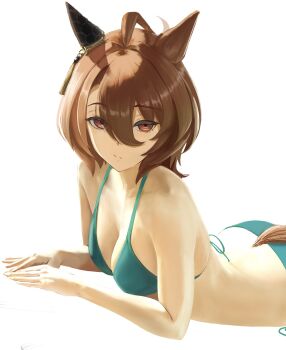 1girl agnes_tachyon_(umamusume) animal_ears bare_arms bare_shoulders bikini breasts brown_eyes brown_hair closed_mouth green_bikini hashtag-only_commentary highres horse_ears horse_girl horse_tail looking_at_viewer lying o_ko_ge2024 on_stomach simple_background solo swimsuit tail umamusume white_background