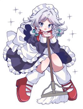 1girl apron blue_dress blue_eyes bow braid commentary_request dress frilled_apron frills full_body furiba_794 green_bow grey_hair hair_bow hair_intakes highres holding holding_mop izayoi_sakuya juliet_sleeves long_sleeves looking_at_viewer loose_socks maid maid_apron maid_headdress medium_hair mop open_mouth puffy_sleeves red_scarf red_shoes scarf shoes socks solo touhou twin_braids waist_apron white_apron white_background white_socks
