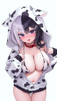 1girl absurdres animal_print bell belt belt_collar bikini black_hair blush breasts choker collar commentary cow_hood cow_horns cow_print cow_print_bikini hair_ornament hairclip highres hood hoodie horns large_breasts long_hair long_sleeves looking_at_viewer mole mole_under_eye multicolored_hair navel neck_bell open_mouth original print_bikini purple_eyes red_belt red_choker red_collar reel_(riru) simple_background sleeves_past_wrists smile solo split-color_hair stomach sweat swimsuit symbol-only_commentary thighs two-tone_hair white_background white_bikini white_hair white_hoodie zipper_pull_tab