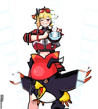 Rule 34 | 1girl, 1other, absurdres, asymmetrical legwear, blaparky, blonde hair, crop top, digimon, digimon adventure, digivice, eyewear on head, headband, highres, hololive, hololive idol uniform (color rise), hololive indonesia, kaela kovalskia, nail polish, navel, one eye closed, pemaloe (kaela kovalskia), red eyes, red headband, twitter username, virtual youtuber